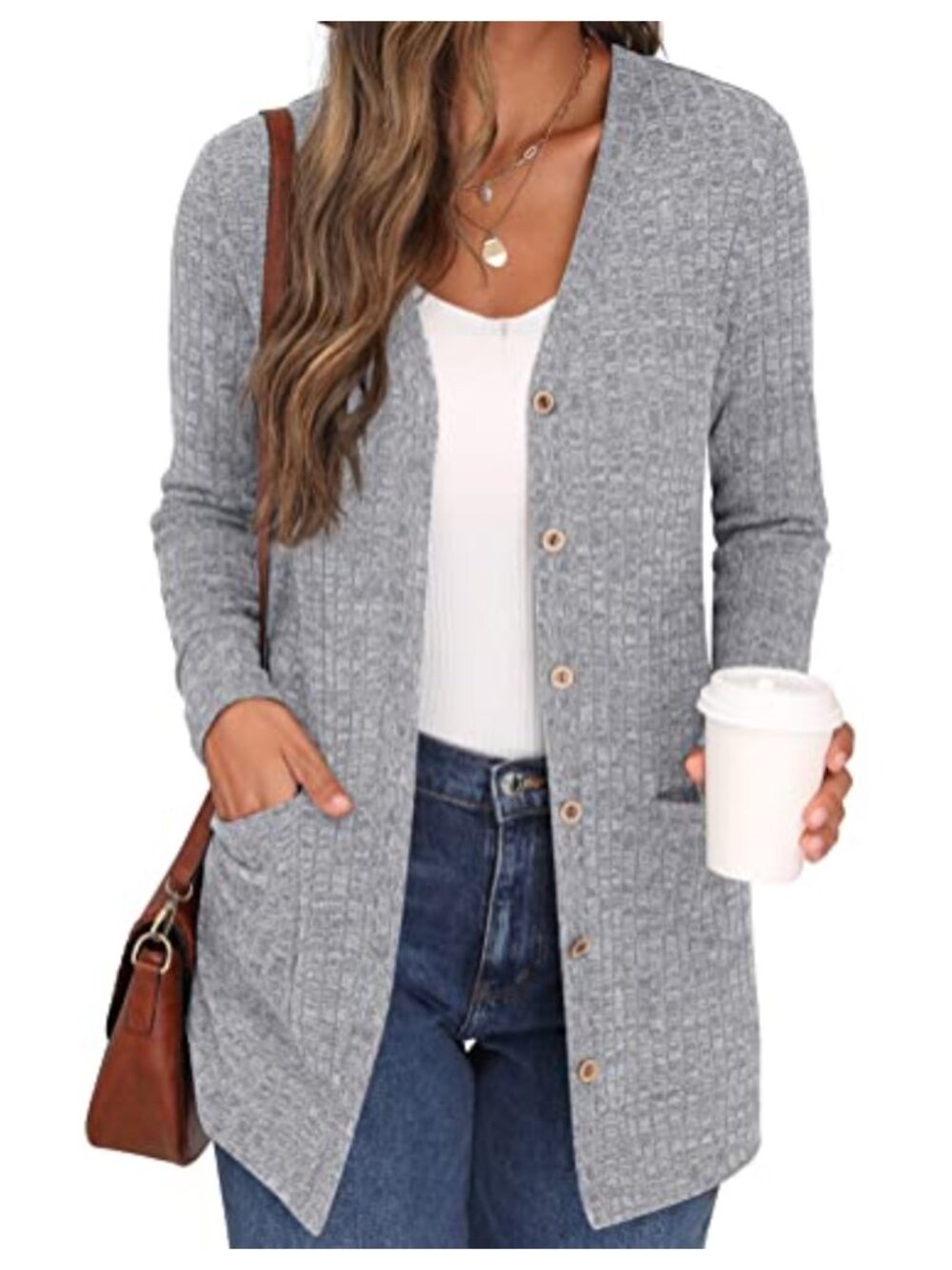 Open Front Button Down Ribbed Knit Cardigan with Pockets Lightweight